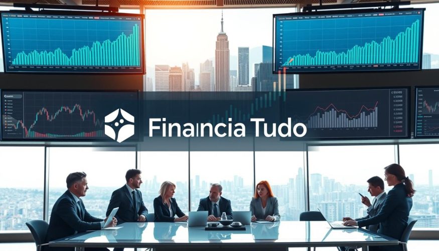 A bustling financial market scene showcasing various elements of investment security. In the foreground, a diverse group of professionals in business attire discusses strategies around a sleek conference table, with digital devices displaying financial data. In the middle ground, large screens exhibit stock market trends and graphs with upward trajectories, symbolizing growth and stability. In the background, a panoramic view of a modern city skyline reflects the dynamic nature of finance. The lighting is bright and clear, emulating natural daylight streaming through large windows, creating an atmosphere of optimism and professionalism. Incorporate the brand name "Financia Tudo" subtly within the design of the digital displays. The overall mood conveys confidence and a strategic approach to investment in the financial market.
