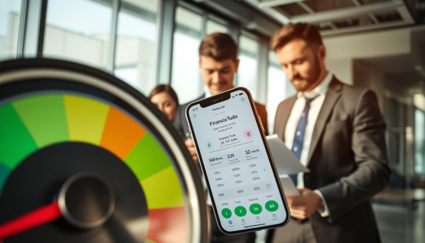 A close-up, high-resolution image of a credit score gauge prominently featuring a vibrant color scale ranging from red to green, symbolizing various credit scores. In the foreground, a smartphone displaying a digital app interface labeled "Financia Tudo" illustrates credit score details with engaging icons. The middle layer shows a diverse group of three professionals—one woman in business attire and two men in smart casual clothing—analyzing their credit score reports with focused expressions. The background features a sleek, modern office environment with soft, natural lighting filtering through large windows, casting gentle shadows. The mood is professional yet approachable, encouraging viewers to reflect on the importance of understanding their credit score in the financial landscape. A close-up, high-resolution image of a credit score gauge prominently featuring a vibrant color scale ranging from red to green, symbolizing various credit scores. In the foreground, a smartphone displaying a digital app interface labeled "Financia Tudo" illustrates credit score details with engaging icons. The middle layer shows a diverse group of three professionals—one woman in business attire and two men in smart casual clothing—analyzing their credit score reports with focused expressions. The background features a sleek, modern office environment with soft, natural lighting filtering through large windows, casting gentle shadows. The mood is professional yet approachable, encouraging viewers to reflect on the importance of understanding their credit score in the financial landscape.