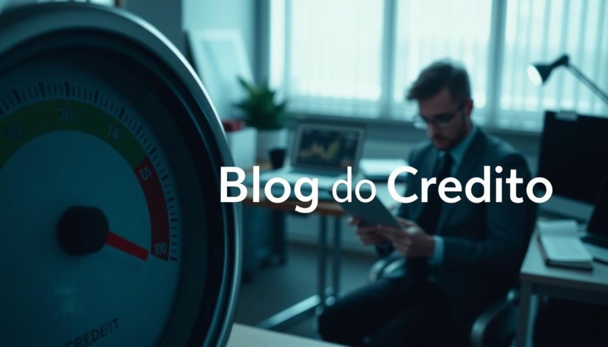 A close-up of a credit score gauge, with the needle pointing towards the lower end, symbolizing a low score. In the foreground, a worried individual in professional business attire is examining their credit report with a concerned expression. In the middle ground, a blurred office setting with a desk cluttered with paperwork, a laptop displaying financial charts, and a smartphone notifications alerting about credit issues. The background features a faintly lit window, casting soft natural light into the space, creating a calm yet stressed atmosphere. The color scheme is muted, emphasizing shades of blue and gray to convey a sense of urgency and contemplation. The image subtly incorporates the brand name "Blog do Crédito" in an elegant manner without any text overlays.