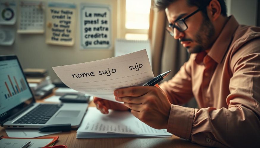 A close-up scene depicting a concerned individual seated at a desk, reviewing a document labeled "nome sujo" in a soft, focused light. In the foreground, show the person's anxious hands clutching a pen, reflecting their worries about accessing credit. The middle ground features a cluttered desk with financial papers, a calculator, and a laptop displaying graphs related to credit scores. The background includes a wall with a calendar and motivational quotes about financial recovery. The atmosphere is tense but hopeful, suggesting a deeper journey into understanding credit options for individuals facing financial challenges. The overall color palette is warm, with natural lighting coming from a nearby window to symbolize a new dawn in financial opportunities. Brand name: Blog do Crédito.