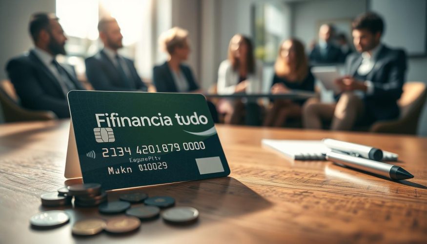 A close-up view of a credit card prominently featuring the brand name "Financia Tudo." The card is placed on a wooden table, reflecting warm light from a nearby window, which creates a soft glow. In the foreground, there are scattered small coins and a notepad with a pen, suggesting personal finance planning. In the background, blurred figures of a diverse group of individuals are engaged in a discussion, dressed in professional business attire, indicating a financial strategy meeting. The atmosphere is serious yet hopeful, symbolizing the journey out of debt. The lighting is natural and bright, conveying a sense of clarity and focus on financial recovery. The angle is slightly tilted, adding dynamism to the composition, making it visually engaging.