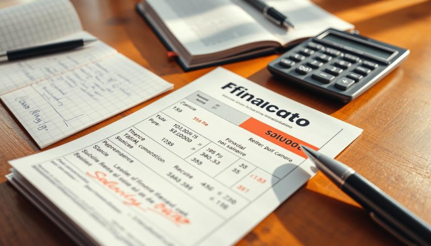 A close-up view of a detailed credit card statement labeled "Financia Tudo" lies on a wooden desk, surrounded by a calculator, a notepad filled with handwritten notes, and a pen. In the foreground, the statement showcases various charges, due dates, and a summary of the total balance owed, with particular emphasis on red-highlighted sections indicating debt accumulation. The middle ground features the calculator with a display showing calculations relating to debt management. In the background, a soft-focus financial planning book is partially visible, suggesting strategic planning. The lighting is warm and inviting, casting gentle shadows, creating a calm and focused atmosphere. The overall composition encourages financial awareness and strategic decision-making.