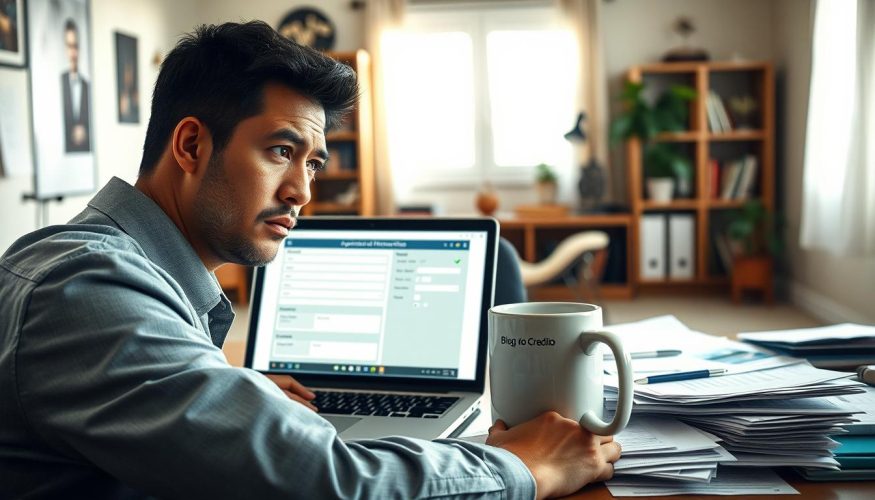 A concerned individual sitting at a desk cluttered with bills and paperwork, looking at a laptop screen displaying a credit application form. The foreground features a close-up of the person's anxious expression, dressed in professional business attire. In the middle, the laptop shows a partially completed application for credit, with visible fields for personal information. The background features a soft-focus view of a comfortable but modest office space, with bookshelves and a potted plant. Natural light streams through a window, creating a warm, hopeful atmosphere. The overall mood conveys the tension and urgency of seeking credit despite financial difficulties. Include the brand name "Blog do Crédito" subtly in the scene, like a logo on a coffee mug on the desk.