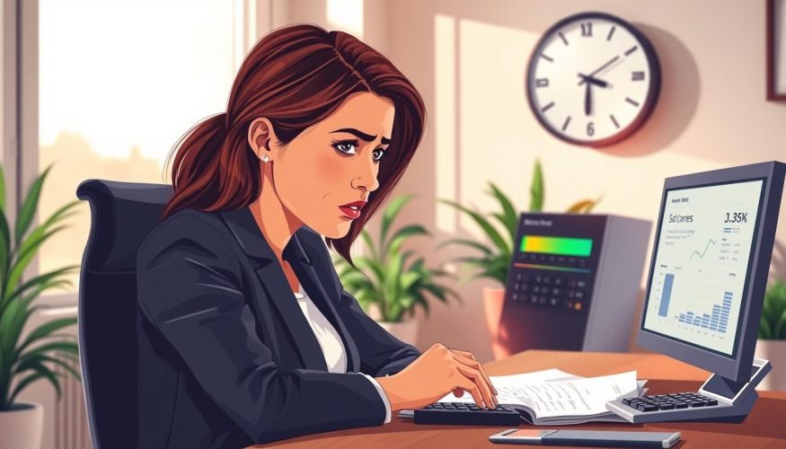 A concerned young professional woman in a modern office, looking at a computer screen displaying a low credit score, surrounded by financial documents and a calculator on her desk. In the background, a wall clock shows that time is running out, highlighting urgency. Soft, natural light enters through a window, creating a warm yet anxious atmosphere. The woman wears smart business attire, reflecting professionalism, with a focused expression as she considers her financial options. The setting includes potted plants for a touch of calm. The overall mood conveys concern but also determination to tackle financial challenges. This illustration aligns with the "Blog do Crédito" theme of understanding the impact of a low credit score on personal finance.