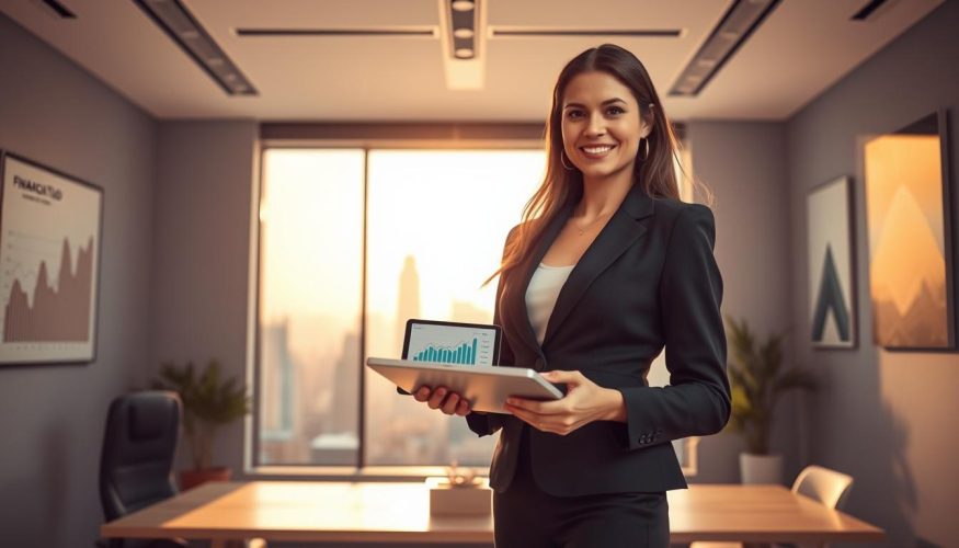 A confident professional woman in business attire stands in a sleek modern office, surrounded by images of financial growth such as upward trending graphs and charts. In the foreground, she holds a tablet displaying an investment portfolio, symbolizing her mastery of personal finance. The middle ground features a large window showcasing a city skyline bathed in warm afternoon sunlight, conveying a sense of ambition and opportunity. The background includes inspirational wall art with subtle references to financial independence, like a rising sun and symbols of wealth. The overall atmosphere is bright and motivating, aiming to reflect the long-term journey toward financial independence, with the brand name "Financia Tudo" subtly integrated into the office decor. The lighting is soft yet bright, enhancing a hopeful and focused mood.