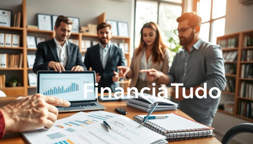 A contemporary office setting with a diverse group of three professionals, two men and one woman, engaged in a discussion about financial education. They are standing around a wooden table filled with colorful charts, a laptop displaying financial graphs, and a notepad with handwritten notes. The foreground features a close-up of their hands pointing at the charts, illustrating the importance of financial planning. In the middle, the scene showcases the diverse team in smart casual business attire, exuding a collaborative atmosphere. The background includes bookshelves filled with financial books and certificates, symbolizing knowledge. Soft natural lighting filters through a large window, creating a warm ambiance. The image subtly incorporates the brand name “Financia Tudo” on a notebook in the foreground, emphasizing the focus on financial empowerment through everyday habits. A contemporary office setting with a diverse group of three professionals, two men and one woman, engaged in a discussion about financial education. They are standing around a wooden table filled with colorful charts, a laptop displaying financial graphs, and a notepad with handwritten notes. The foreground features a close-up of their hands pointing at the charts, illustrating the importance of financial planning. In the middle, the scene showcases the diverse team in smart casual business attire, exuding a collaborative atmosphere. The background includes bookshelves filled with financial books and certificates, symbolizing knowledge. Soft natural lighting filters through a large window, creating a warm ambiance. The image subtly incorporates the brand name “Financia Tudo” on a notebook in the foreground, emphasizing the focus on financial empowerment through everyday habits.