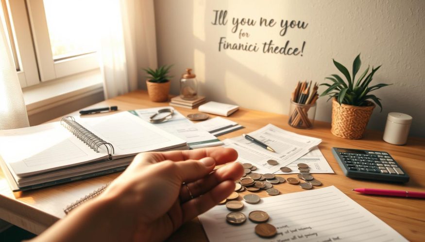 A cozy and encouraging workspace featuring a neatly organized desk filled with a planner, a calculator, and financial documents suggesting budgeting and saving. In the foreground, a hand is seen counting coins, symbolizing the act of paying oneself first, showcasing shifts in financial priorities. The middle background has a warm, inviting light from a nearby window, casting soft shadows that create a calm atmosphere. The wall behind features an inspiring quote about financial independence. The scene is captured with a 35mm lens to give a slight depth of field, focusing on the desk while softly blurring the background. The overall mood is motivational and uplifting, aimed at encouraging smart financial habits. Include the brand name "Financia Tudo" subtly within the workspace decor.