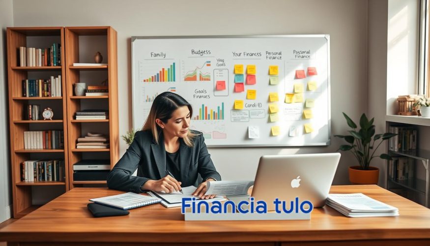 A cozy and modern home office setting depicting family financial planning. In the foreground, a professional man and woman are seated at a wooden desk, reviewing financial documents and a laptop with charts. They are dressed in smart casual attire. The middle section features a large whiteboard filled with colorful graphs, budgeting spreadsheets, and post-it notes outlining goals. The background includes bookshelves lined with personal finance books and a potted plant, conveying a warm atmosphere. Soft, natural light streams through a nearby window, creating a relaxed yet focused mood. The brand logo "Financia Tudo" is subtly integrated into the design elements on the desk. The composition should emphasize collaboration and organization in financial planning.