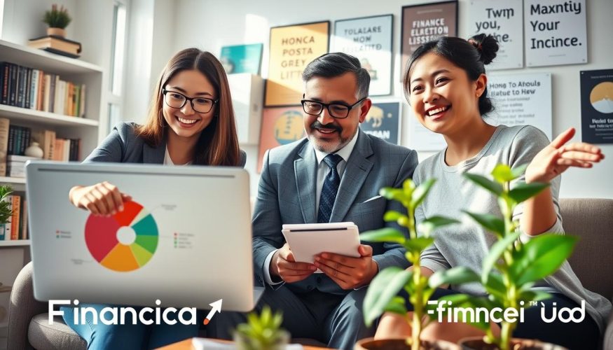 A cozy, bright office space featuring a diverse group of three professionals engaged in a dynamic discussion about financial education. In the foreground, a young woman with glasses is pointing at a vibrant, colorful pie chart on a laptop, representing budgeting strategies. Next to her, a middle-aged man in business attire is taking notes on a notepad, while a woman of Asian descent smiles and gestures towards a growing plant symbolizing financial growth. The background shows shelves filled with finance books and motivational posters. Soft sunlight filters through the window, enhancing the warm, collaborative atmosphere. This scene conveys the empowering impact of financial education, branded with "Financia Tudo" subtly integrated into the decor.