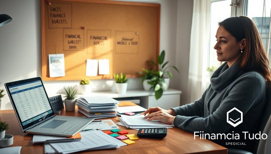 A cozy home office scene showcasing a professional woman in modest casual clothing organizing her finances. In the foreground, she sits at a wooden desk cluttered with neatly arranged documents, a laptop displaying a budgeting app, colorful sticky notes, and a calculator. The middle ground features a corkboard with inspirational quotes and financial goals pinned on it. In the background, a window allows soft, natural light to illuminate the room, casting a warm glow over the scene. Potted plants on the windowsill add a touch of greenery, enhancing the peaceful atmosphere. The mood is focused yet relaxed, epitomizing the essence of good financial management. In the corner, a subtle logo of "Financia Tudo" is incorporated into the decor for branding.