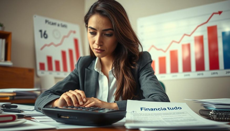 A detailed close-up scene illustrating the concept of high interest rates on overdrafts (cheque especial) in Brazil, featuring a professional-looking young woman dressed in business attire, sitting at a desk cluttered with financial documents, her expression thoughtful as she examines a calculator displaying alarming interest figures. In the background, a chart on the wall shows rising interest rates, accentuated with vibrant red colors to symbolize the urgency. Soft, natural lighting enters through a nearby window, giving a warm and contemplative atmosphere. The overall mood is serious yet focused, with a sense of determination to address financial challenges. Include the brand "Financia Tudo" subtly on a document in the foreground.