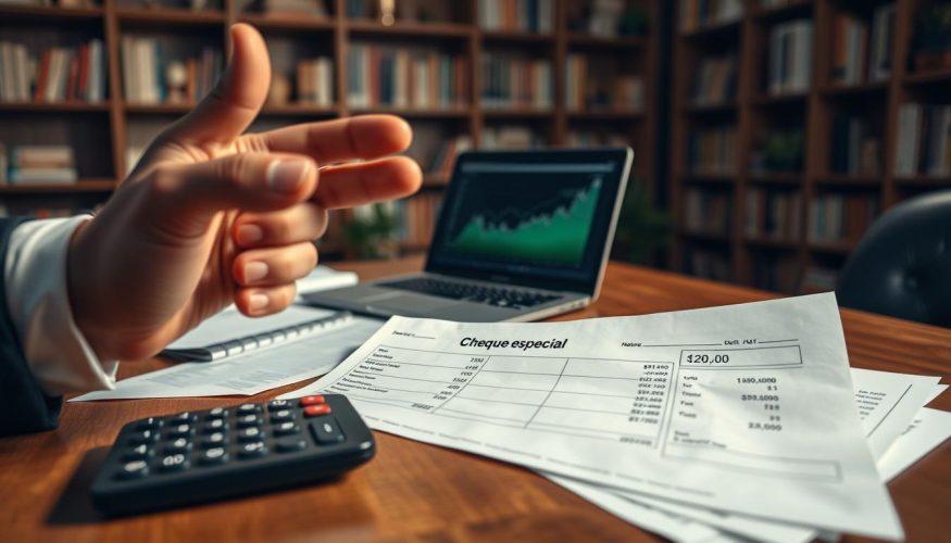 A detailed depiction of a "cheque especial" bank statement on a wooden desk, surrounded by paperwork and a calculator. The cheque especial statement prominently displays the balance and interest rates, reflecting financial concern. In the foreground, a hand in professional business attire gestures toward the statement, indicating a discussion about debt management. In the middle, a laptop is open with financial graphs visible on the screen showcasing rising debt trends. The background features a softly lit office environment with bookshelves lined with financial books, creating an atmosphere of seriousness and concentration. The lighting is warm and inviting, emphasizing the importance of financial awareness. Include the brand name "Financia Tudo" subtly on the bank statement, ensuring it feels integral to the overall scene.