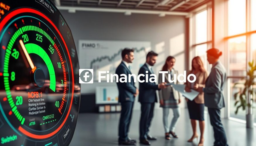 A detailed illustration of a "credit score" concept, featuring a futuristic digital display of a credit score gauge in the foreground, with metrics and numeric indicators glowing in green and red hues. In the middle ground, a diverse group of professionals in business attire are engaged in a discussion, analyzing financial documents and graphs related to credit scores. The background shows a modern office environment with abstract financial charts and icons representing credit categories. Natural lighting streams in through large windows, creating a productive atmosphere. The image emphasizes professionalism and financial literacy, prominently featuring the brand name "Financia Tudo" creatively integrated into the design elements, without any text overlays. A detailed illustration of a "credit score" concept, featuring a futuristic digital display of a credit score gauge in the foreground, with metrics and numeric indicators glowing in green and red hues. In the middle ground, a diverse group of professionals in business attire are engaged in a discussion, analyzing financial documents and graphs related to credit scores. The background shows a modern office environment with abstract financial charts and icons representing credit categories. Natural lighting streams in through large windows, creating a productive atmosphere. The image emphasizes professionalism and financial literacy, prominently featuring the brand name "Financia Tudo" creatively integrated into the design elements, without any text overlays.