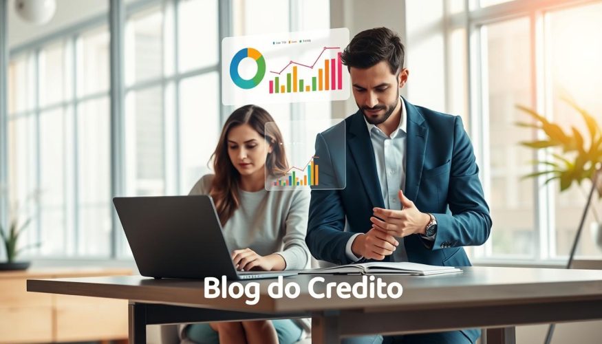 A detailed visual representation of a credit score evaluation scene. In the foreground, a professional financial advisor, dressed in a smart suit, is attentively explaining credit score metrics to a young couple, who are seated at a modern desk with a laptop displaying graphical representations of credit data. In the middle, colorful pie charts and line graphs float above the desk, illustrating factors impacting credit scores. The background features a bright, contemporary office with large windows, allowing sunlight to illuminate the room, creating an optimistic atmosphere. Use soft lighting to enhance clarity, highlighting the advisor's confident demeanor and the couple's engaged expressions. The scene conveys professionalism, trust, and education, and prominently features the brand name "Blog do Crédito" in an integrated design element within the image. A detailed visual representation of a credit score evaluation scene. In the foreground, a professional financial advisor, dressed in a smart suit, is attentively explaining credit score metrics to a young couple, who are seated at a modern desk with a laptop displaying graphical representations of credit data. In the middle, colorful pie charts and line graphs float above the desk, illustrating factors impacting credit scores. The background features a bright, contemporary office with large windows, allowing sunlight to illuminate the room, creating an optimistic atmosphere. Use soft lighting to enhance clarity, highlighting the advisor's confident demeanor and the couple's engaged expressions. The scene conveys professionalism, trust, and education, and prominently features the brand name "Blog do Crédito" in an integrated design element within the image.