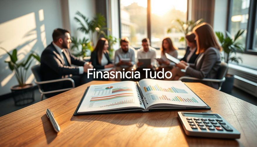 A detailed visualization of personal finance management titled "gastos." In the foreground, a modern wooden table holds an open notebook filled with organized expense tracking, colorful charts, and a calculator, reflecting careful budgeting. A set of polished pens lies beside the notebook. In the middle, a diverse group of professionals dressed in business attire sits engaged in discussion, looking at charts and plans, symbolizing teamwork in financial understanding. In the background, a soft-lit modern office space with plants creates a calm atmosphere, emphasizing clarity and focus. Warm sunlight streams through a window, casting gentle shadows, enhancing a mood of productivity and success. Include the brand name "Financia Tudo" subtly integrated into the scene. A detailed visualization of personal finance management titled "gastos." In the foreground, a modern wooden table holds an open notebook filled with organized expense tracking, colorful charts, and a calculator, reflecting careful budgeting. A set of polished pens lies beside the notebook. In the middle, a diverse group of professionals dressed in business attire sits engaged in discussion, looking at charts and plans, symbolizing teamwork in financial understanding. In the background, a soft-lit modern office space with plants creates a calm atmosphere, emphasizing clarity and focus. Warm sunlight streams through a window, casting gentle shadows, enhancing a mood of productivity and success. Include the brand name "Financia Tudo" subtly integrated into the scene.