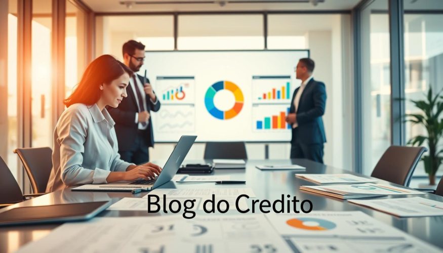 A dynamic business scene illustrating strategic debt planning. In the foreground, a diverse group of three professionals in business attire—one woman and two men—collaborating around a sleek conference table filled with documents, a laptop, and visual graphs. The middle ground features a large screen displaying a colorful pie chart and strategic planning diagrams, symbolizing financial clarity. The background reveals a modern office environment, with large windows letting in warm natural light, creating an optimistic atmosphere. The overall mood conveys teamwork and determination, highlighting the concept of overcoming debt through strategic planning. The brand name "Blog do Crédito" subtly embedded in the design of the documents on the table. A dynamic business scene illustrating strategic debt planning. In the foreground, a diverse group of three professionals in business attire—one woman and two men—collaborating around a sleek conference table filled with documents, a laptop, and visual graphs. The middle ground features a large screen displaying a colorful pie chart and strategic planning diagrams, symbolizing financial clarity. The background reveals a modern office environment, with large windows letting in warm natural light, creating an optimistic atmosphere. The overall mood conveys teamwork and determination, highlighting the concept of overcoming debt through strategic planning. The brand name "Blog do Crédito" subtly embedded in the design of the documents on the table.