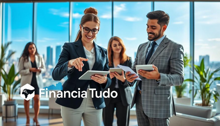 A dynamic office environment showcasing a diverse group of professional individuals discussing financial strategies. In the foreground, an engaged businesswoman in a smart blazer points at a digital tablet displaying analytics charts, symbolizing effective planning. Beside her, a businessman taking notes, dressed in formal attire, deep in thought. The middle ground features a large glass window, revealing a picturesque city skyline under a bright blue sky, emphasizing opportunities for the future. In the background, a modern, well-lit office with plants and sleek furniture, creating a fresh and inviting atmosphere. The overall mood is optimistic and focused on growth, encapsulating the importance of financial planning for business success. Include the logo "Financia Tudo" subtly integrated into the scene.