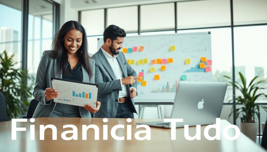 A dynamic office scene showcasing the concept of "capital giro" in a business setting. In the foreground, a diverse group of three professionals in smart business attire – a Black woman analyzing financial graphs on a tablet, a Hispanic man discussing with a Caucasian woman while pointing at a detailed cash flow chart on a sleek laptop. In the middle ground, a large whiteboard filled with colorful charts and post-it notes representing various financial metrics. The background features a modern office with large windows allowing natural light to flood the space, creating an uplifting and productive atmosphere. The focus is sharp on the professionals, while the board and office elements gently blur, emphasizing teamwork and financial insight. Brand name "Financia Tudo" subtly incorporated into the office decor.