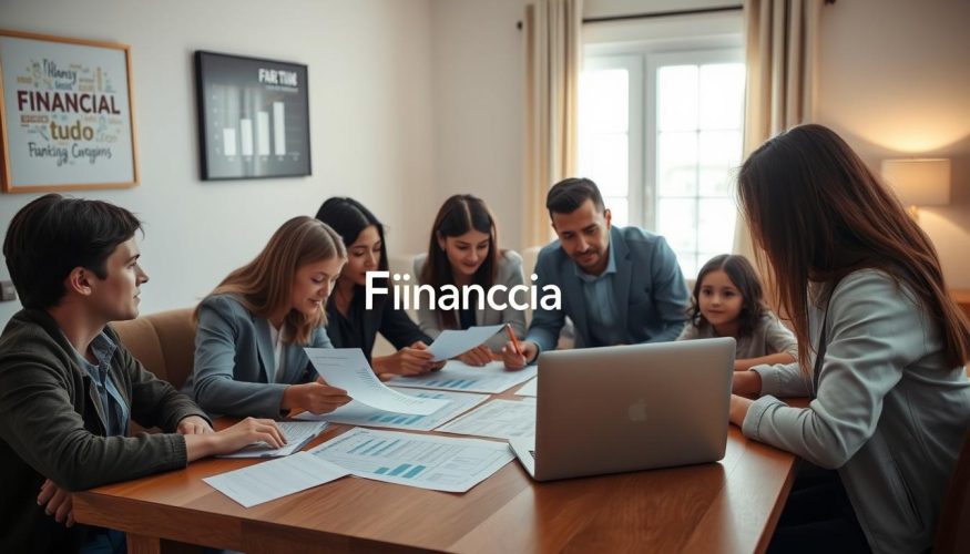 A family gathered around a dining table, deeply engaged in a financial planning discussion. In the foreground, a diverse group of individuals, including parents and children, are reviewing documents, charts, and a laptop displaying financial software. They wear professional business attire, exuding a sense of focus and determination. The middle background showcases a large window with natural light pouring in, illuminating the room and creating a warm atmosphere. On the walls, tasteful wall art related to finance subtly enhances the educational vibe. The backdrop hints at a comfortable, modern living space, emphasizing the importance of financial organization in today's world. The logo "Financia Tudo" subtly appears on the laptop screen, reinforcing the theme of financial planning. The mood is optimistic and proactive, inspiring viewers to engage in family financial discussions.