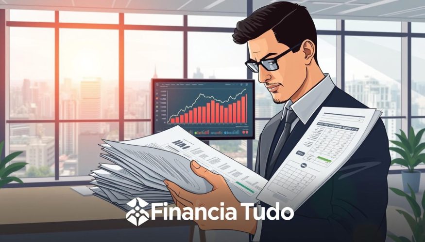 A focused and informative illustration depicting the concept of "high interest rates" (juros altos) in the context of financial planning for 2026. In the foreground, a professional-looking person in business attire is examining a stack of financial reports and charts showcasing rising interest rate trends. In the middle ground, a computer screen displays graphs and financial data with an upward trend line. The background features a modern office space with large windows, offering a view of a bustling cityscape that represents economic activity. The lighting is bright and natural, streaming in through the windows, creating a productive atmosphere. The overall mood is serious yet optimistic, emphasizing the importance of being prepared for potential financial challenges. Include the brand name "Financia Tudo" subtly integrated into the design, ensuring no text overlays or captions.