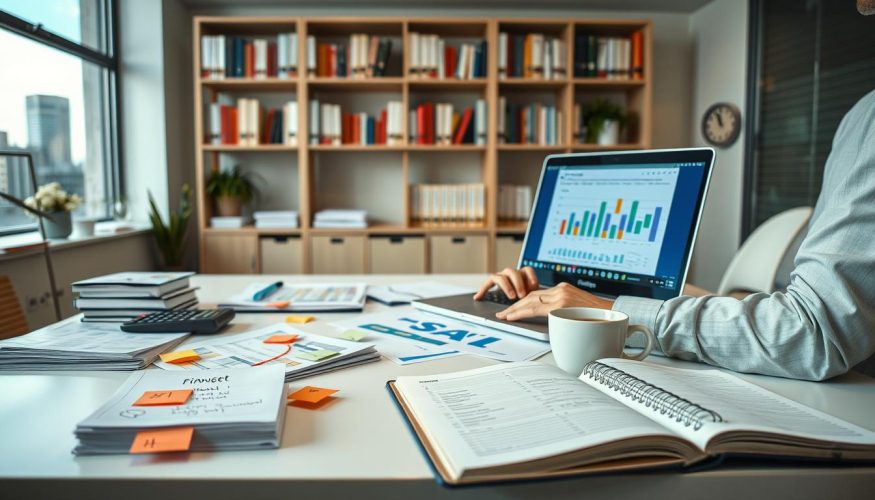 A highly detailed and organized financial workspace scene that illustrates the concept of monthly income, expenses, and budgeting. In the foreground, a clean desk features a laptop displaying colorful charts and graphs, stacks of paperwork, and a calculator. A professional, modestly dressed person (either a man or woman) is analyzing the financial documents, wearing business attire. In the middle ground, there are visual elements like sticky notes with reminders, a budgeting notebook open with handwritten notes, and a cup of coffee, fostering a focused atmosphere. The background should showcase a well-lit office environment with a bookshelf filled with finance books and a window showing a cityscape, creating a productive mood. The image should subtly incorporate the brand name "Financia Tudo" through design elements on the laptop screen, maintaining a clean and professional aesthetic.