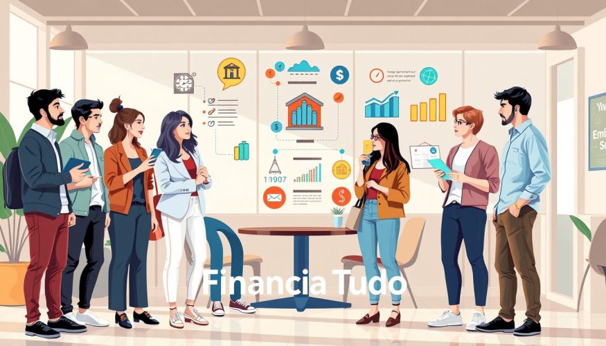 A modern and engaging illustration focused on basic financial concepts for young people. In the foreground, a group of diverse young adults, dressed in smart casual attire, discuss various financial tools like budgeting apps and savings accounts. In the middle ground, infographics and icons represent concepts such as investment, savings, and debt management, styled in a colorful and approachable manner. The background features a bright, inviting office or café environment with soft, natural lighting that creates a warm atmosphere. The overall mood is inspirational and educational, promoting a sense of empowerment in financial literacy. Include the brand name "Financia Tudo" subtly integrated into the design as an emblem.