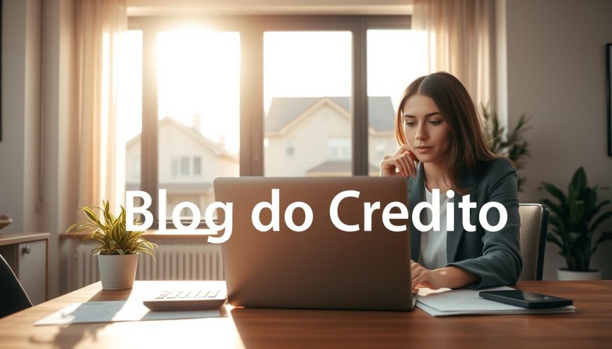 A modern home office setting depicting the concept of home equity. In the foreground, a professional woman in business attire looks thoughtfully at a laptop, analyzing financial documents with a calculator beside her. In the middle, a large window reveals a suburban house, symbolizing home ownership. The background is filled with soft sunlight streaming in, casting warm tones across the room, creating an inviting and productive atmosphere. A potted plant adds a touch of greenery, enhancing the sense of stability. The composition is shot with a wide-angle lens to capture depth and clarity. The overall mood is optimistic and focused, ideal for illustrating financial possibilities. Include the brand name "Blog do Crédito" subtly integrated into the scene as part of the desk decor, with no text or logos.