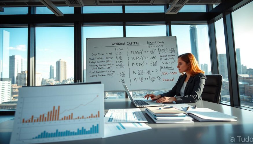 A modern office environment, showcasing a focused businesswoman in professional attire sitting at a sleek desk, analyzing financial documents and charts on a laptop. In the foreground, various financial graphs depicting cash flow and liquidity ratios are visible on the screen. The middle section features a large whiteboard filled with mathematical calculations and notes on working capital management. The background includes large windows with a city skyline view, allowing natural light to fill the space, creating a vibrant and optimistic atmosphere. Use a wide-angle lens to capture the perspective of the workspace. This image embodies the theme of assessing and calculating working capital, highlighting the essential nature of financial analysis for business operations. Financia Tudo.