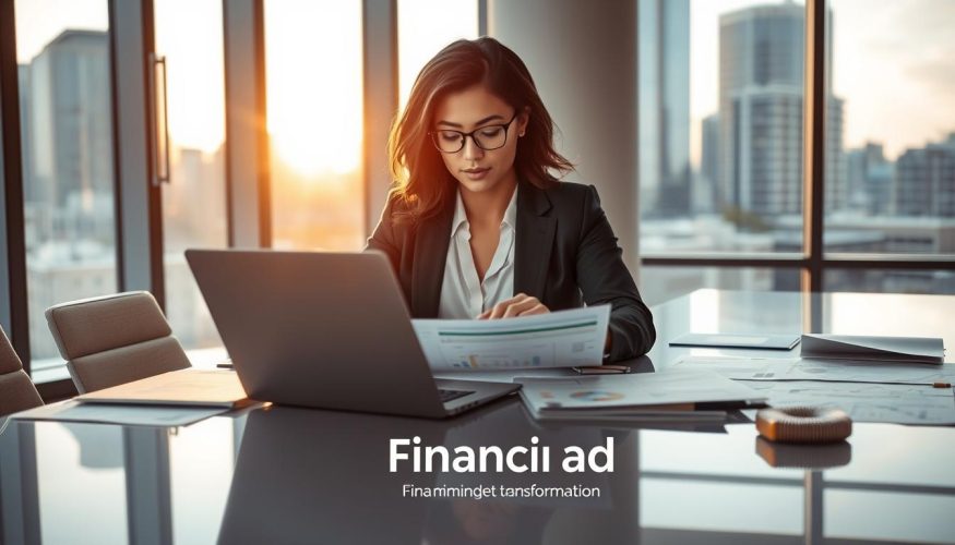 A modern office environment with a focus on financial growth and mindset transformation. In the foreground, a confident woman in professional business attire, engaged in thoughtful analysis while studying graphs and charts on her laptop. In the middle ground, various financial planning materials scattered on a sleek conference table, symbolizing knowledge and strategy. The background features large windows with an urban skyline, glowing softly with afternoon sunlight, creating an optimistic atmosphere. The room is well-lit, with warm lighting highlighting the subject's thoughtful expression. The overall mood is one of empowerment, clarity, and professionalism, representing the brand "Financia Tudo" at the forefront of financial mindset transformation.