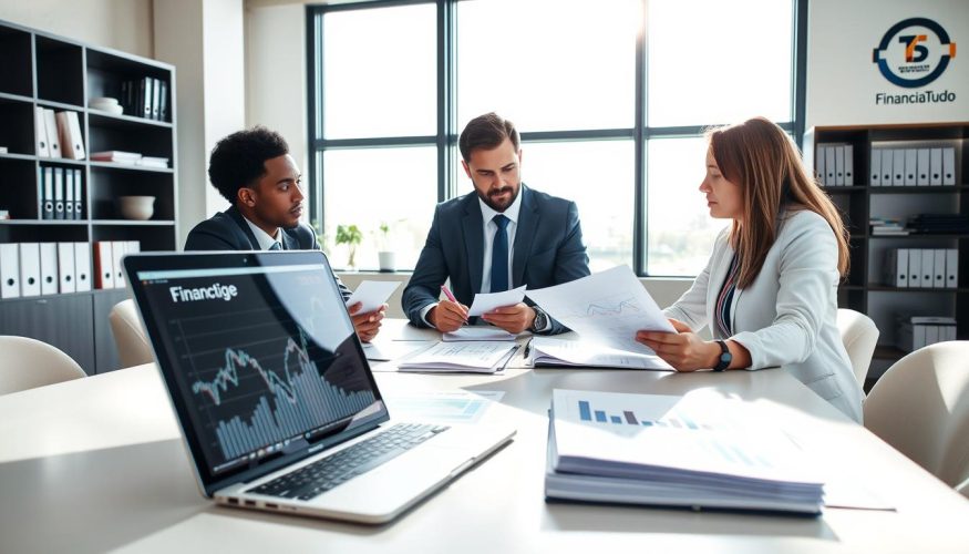 A modern office setting featuring a diverse team of three professionals, engaged in a financial discussion around a large conference table. The foreground includes a laptop displaying a complex financial graph and spreadsheets with clear data visualization. The middle ground showcases the team, two men and one woman, dressed in smart business attire, analyzing documents and making notes. Bright, natural lighting streams through large windows, casting soft shadows that enhance the atmosphere of focus and collaboration. The background features organized shelves with finance-related books and a logo on the wall that reads "Financia Tudo". The mood is serious yet optimistic, reflecting diligence in separating personal finances from business accounts.