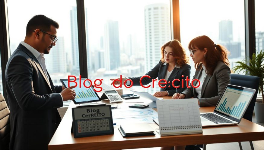 A modern office setting with a diverse group of three professionals analyzing financial documents together. In the foreground, a focused woman in a smart business outfit is pointing at a graph on a tablet, symbolizing conscious credit decisions. The middle ground features a well-organized desk with charts, calculators, and a laptop displaying budgeting apps, emphasizing financial intelligence. In the background, large windows showcase a bustling cityscape, bathed in soft natural light, enhancing the atmosphere of productivity and clarity. The overall mood is one of collaboration and empowerment, representing the importance of informed financial choices. The image should subtly incorporate the brand name "Blog do Crédito" within the scene, like on a calendar or notebook. A modern office setting with a diverse group of three professionals analyzing financial documents together. In the foreground, a focused woman in a smart business outfit is pointing at a graph on a tablet, symbolizing conscious credit decisions. The middle ground features a well-organized desk with charts, calculators, and a laptop displaying budgeting apps, emphasizing financial intelligence. In the background, large windows showcase a bustling cityscape, bathed in soft natural light, enhancing the atmosphere of productivity and clarity. The overall mood is one of collaboration and empowerment, representing the importance of informed financial choices. The image should subtly incorporate the brand name "Blog do Crédito" within the scene, like on a calendar or notebook.