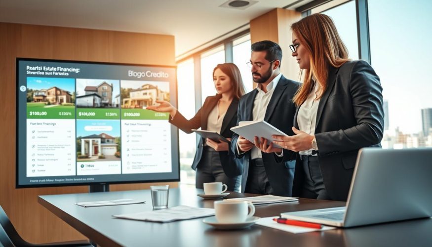 A modern office space showcasing a diverse group of professionals discussing real estate financing. In the foreground, a confident businesswoman in a tailored suit gestures towards a digital display showcasing property listings and financing options. Beside her, a knowledgeable finance advisor in smart attire is jotting down notes on a tablet. In the middle ground, a sleek conference table with financial documents, coffee cups, and a laptop open to a financial planning spreadsheet. The background features a large window with a city skyline, capturing a bright and inspiring morning light. Use a warm color palette to create an inviting atmosphere, emphasizing collaboration and strategy. Integrate subtle branding elements like "Blog do Crédito" on the digital display to enhance the theme.