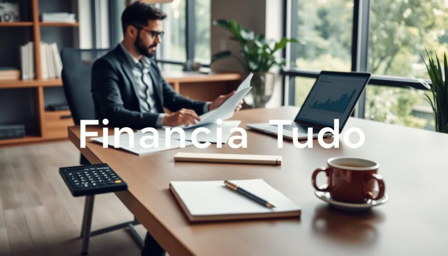 A modern, organized workspace showcasing personal finance management. In the foreground, a professional individual in business attire sits at a sleek desk, analyzing financial documents and using a laptop with graphs displayed on the screen. The middle ground features a stylish table with a calculator, notebook, and a cup of coffee, reflecting a productive atmosphere. The background displays a large window with natural light streaming in, illuminating greenery outside, creating a calm and inspiring setting. The color palette is warm and inviting, with wooden elements and soft, diffused lighting to evoke a sense of focus and serenity. Incorporate the logo "Financia Tudo" subtly on the desk, enhancing the theme of personal finance tools and habits.