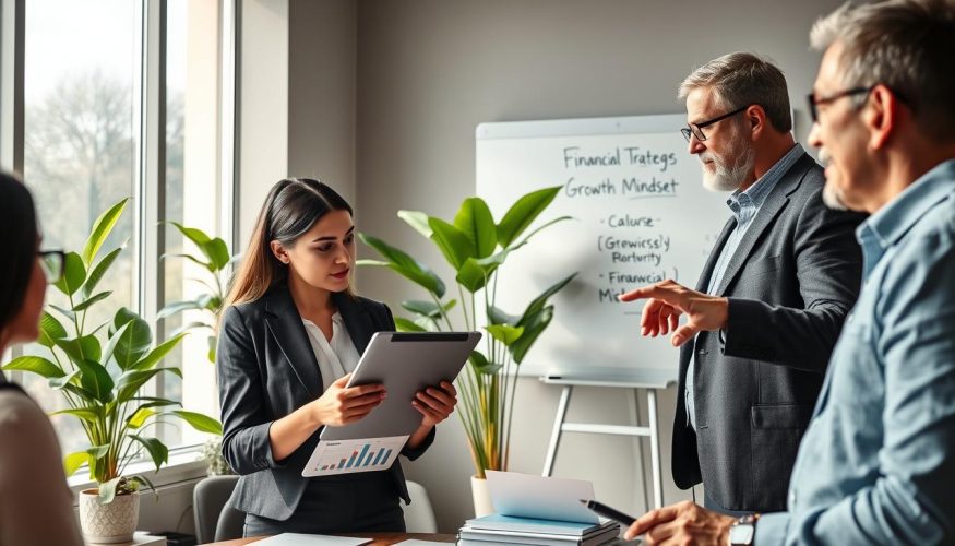 A modern, serene office environment showcasing a diverse group of professionals engaged in a collaborative financial discussion. In the foreground, a young woman in business attire examines charts and financial reports on a tablet, expressing determination and focus. To her right, a middle-aged man gestures towards a whiteboard filled with financial strategies and motivational phrases, promoting a growth mindset. The background reveals large windows with natural light pouring in, illuminating green plants that symbolize growth and prosperity. The mood is encouraging and progressive, with soft, warm lighting to enhance a sense of positivity and potential. The composition should subtly include branded elements of “Financia Tudo” on office materials, emphasizing the theme of financial education and mindset transformation.