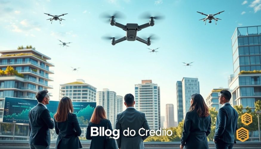 A modern urban landscape showcasing the financial housing system in 2026. In the foreground, a diverse group of professional individuals in business attire discusses housing finance options surrounded by digital screens displaying graphs and interest rate trends. In the middle ground, sleek, contemporary buildings represent residential and commercial properties, with eco-friendly features like green roofs. The background features a clear blue sky with futuristic drones flying overhead, symbolizing advanced technology in real estate. Soft, natural lighting illuminates the scene, creating an optimistic atmosphere. The image subtly accentuates the importance of informed financial decisions in today's housing market. Include the logo of "Blog do Crédito" integrated into the design, ensuring it complements the overall aesthetic without being intrusive.