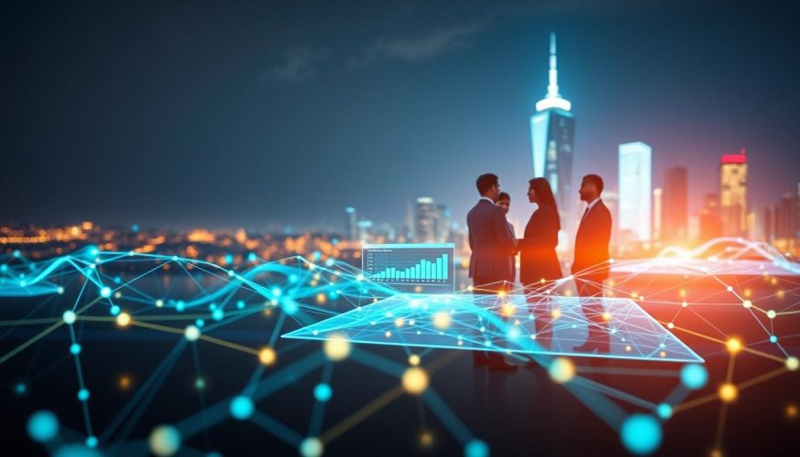 A modern, visually striking representation of data sharing in the context of open finance. In the foreground, feature an abstract digital network of interconnected nodes and data streams, symbolizing the flow of information. The middle ground should include a diverse group of professionals in business attire, engaged around a futuristic screen displaying graphs and analytics related to credit data sharing. In the background, depict a city skyline with glowing digital elements to emphasize the tech-driven environment. Use soft, ambient lighting to create a smart, innovative atmosphere, with a slight focus blur on the background to draw attention to the professionals. The overall mood should feel collaborative and forward-thinking, capturing the essence of "Blog do Crédito".