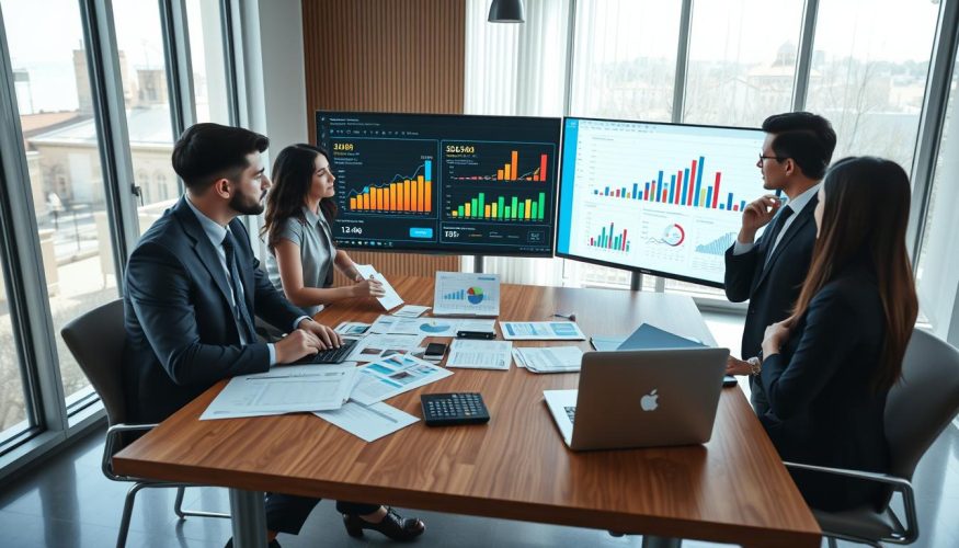 A modern workspace showcasing a financial analysis scene. In the foreground, a diverse group of four professionals (two men, two women) dressed in smart business attire, intently reviewing colorful charts and graphs on a large screen and paper documents. In the middle, a wooden table filled with financial statements, calculators, and a laptop with a 'Financia Tudo' logo visible. The background features a large window allowing natural sunlight to pour in, illuminating the room and casting soft shadows. The atmosphere is focused and collaborative, conveying a sense of urgency and determination to achieve financial clarity. Use a slight overhead angle to capture the full view of the table and the engaged individuals, ensuring that the colors are vibrant and inviting.