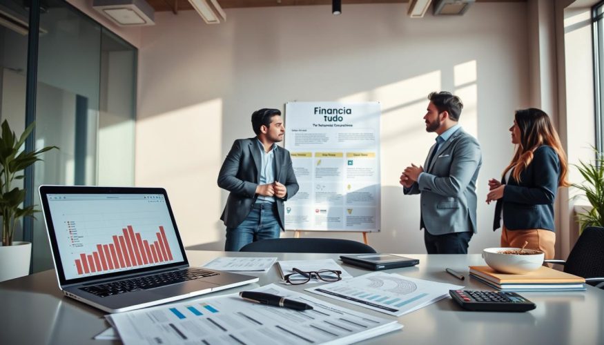 A modern workspace with a sleek desk featuring financial documents, a laptop displaying graphs and charts, and a calculator. In the foreground, a diverse group of three people dressed in professional business attire, engaged in a discussion about financial planning, showcasing collaboration and focus. In the middle ground, a financial poster with the brand name "Financia Tudo" prominently displayed, illustrating key financial principles like budgeting and investing. The background features a large window with natural light streaming in, casting soft shadows and creating an inviting atmosphere. The overall mood is positive and empowering, reflecting the importance of financial education in transforming one's relationship with money. Wide-angle view, bright lighting to enhance clarity and detail.