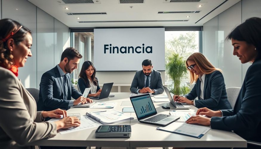 A polished office environment showcasing "Financia Tudo" branding. In the foreground, a professional team of diverse individuals, dressed in smart business attire, collaborates over financial documents and digital devices, displaying charts and graphs that visualize growth and strategy. The middle ground features a modern conference table with laptops, calculators, and financial reports, while a large window in the background allows natural light to flood the space, casting soft shadows. The atmosphere is one of focus and determination, emphasizing teamwork and strategic planning in financial management. Use a wide-angle lens to capture the entire scene, highlighting the essence of corporate finance and its fundamental role in business growth.