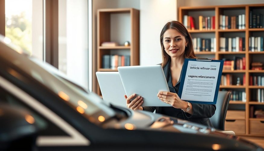 A professional and inviting office setting, showcasing a confident woman in professional attire, sitting at a desk with a laptop open. She is discussing vehicle refinancing with a folder of documents labeled "vantagens refinanciamento". In the foreground, a smartly parked car is visible through a large window, symbolizing the vehicle being used as collateral. Soft, natural lighting filters in, enhancing the ambiance. The background features a bookshelf filled with finance and investment books, emphasizing the subject matter. The mood is optimistic and empowering, highlighting the benefits of using a vehicle as a guarantee for financing. The composition is sharp and focused, with a slight depth of field to bring attention to the subject. The image reflects the themes of financial empowerment and practical decision-making. Blog do Crédito. A professional and inviting office setting, showcasing a confident woman in professional attire, sitting at a desk with a laptop open. She is discussing vehicle refinancing with a folder of documents labeled "vantagens refinanciamento". In the foreground, a smartly parked car is visible through a large window, symbolizing the vehicle being used as collateral. Soft, natural lighting filters in, enhancing the ambiance. The background features a bookshelf filled with finance and investment books, emphasizing the subject matter. The mood is optimistic and empowering, highlighting the benefits of using a vehicle as a guarantee for financing. The composition is sharp and focused, with a slight depth of field to bring attention to the subject. The image reflects the themes of financial empowerment and practical decision-making. Blog do Crédito.