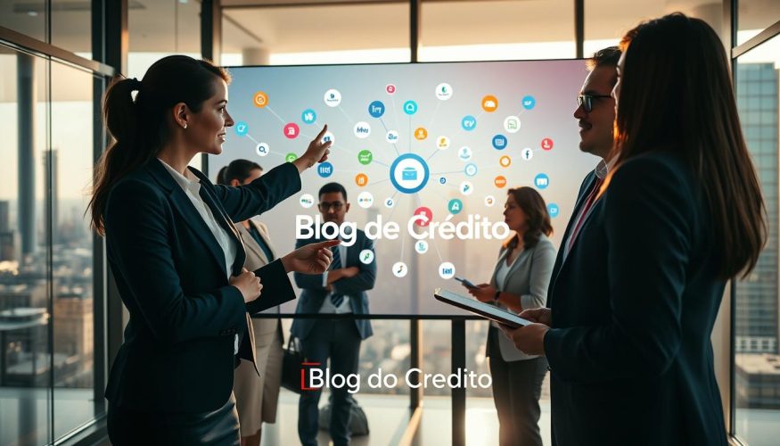 A professional business setting featuring a diverse group of individuals in business attire, engaged in a dynamic discussion around a large digital screen displaying a colorful network of partner banks, symbolizing "rede de bancos parceiros." In the foreground, a confident woman points toward the screen, emphasizing key data, while a man takes notes beside her. The middle layer displays the digital screen with intricate visualizations of bank logos interconnected, radiating a sense of collaboration and strategy. The background features a modern office environment with glass walls and a city skyline visible outside, bathed in warm natural light. The mood is professional yet inviting, capturing the spirit of partnership in the financial industry. The brand name "Blog do Crédito" subtly incorporated into the digital displays. A professional business setting featuring a diverse group of individuals in business attire, engaged in a dynamic discussion around a large digital screen displaying a colorful network of partner banks, symbolizing "rede de bancos parceiros." In the foreground, a confident woman points toward the screen, emphasizing key data, while a man takes notes beside her. The middle layer displays the digital screen with intricate visualizations of bank logos interconnected, radiating a sense of collaboration and strategy. The background features a modern office environment with glass walls and a city skyline visible outside, bathed in warm natural light. The mood is professional yet inviting, capturing the spirit of partnership in the financial industry. The brand name "Blog do Crédito" subtly incorporated into the digital displays.