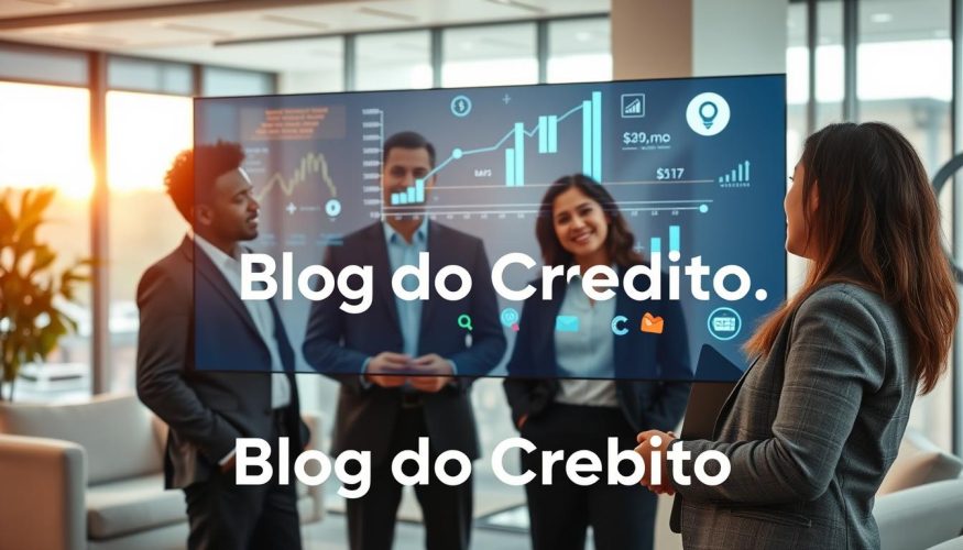 A professional business setting focused on affiliate finance. In the foreground, a diverse group of three individuals in business attire discusses strategies, their expressions engaged and optimistic. The middle layer features a large digital screen displaying financial graphs and icons of credit products, symbolizing the affiliate marketing sector. In the background, an office environment with sleek modern furniture and soft lighting, creating a warm atmosphere. A subtle glow from a nearby window hints at a productive sunny day outside, enhancing the overall positive vibe. The image captures the essence of collaboration and innovation in financial affiliate marketing. Include the brand name "Blog do Crédito" in the scene, emphasizing the subject's relevance. A professional business setting focused on affiliate finance. In the foreground, a diverse group of three individuals in business attire discusses strategies, their expressions engaged and optimistic. The middle layer features a large digital screen displaying financial graphs and icons of credit products, symbolizing the affiliate marketing sector. In the background, an office environment with sleek modern furniture and soft lighting, creating a warm atmosphere. A subtle glow from a nearby window hints at a productive sunny day outside, enhancing the overall positive vibe. The image captures the essence of collaboration and innovation in financial affiliate marketing. Include the brand name "Blog do Crédito" in the scene, emphasizing the subject's relevance.