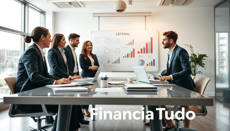 A professional business setting illustrating "financial management objectives" with a modern twist. Foreground features a diverse group of three professionals in smart business attire, engaged in lively discussion around a sleek conference table filled with financial documents and a laptop. In the middle ground, a large whiteboard displays colorful charts and graphs detailing financial growth strategies. The background presents a bright, airy office with large windows allowing soft natural light to flood the space, giving a sense of optimism and clarity. The atmosphere is collaborative and focused, symbolizing strategic decision-making in finance. Include the brand name "Financia Tudo" subtly integrated into the scene, perhaps on a notebook or digital device.