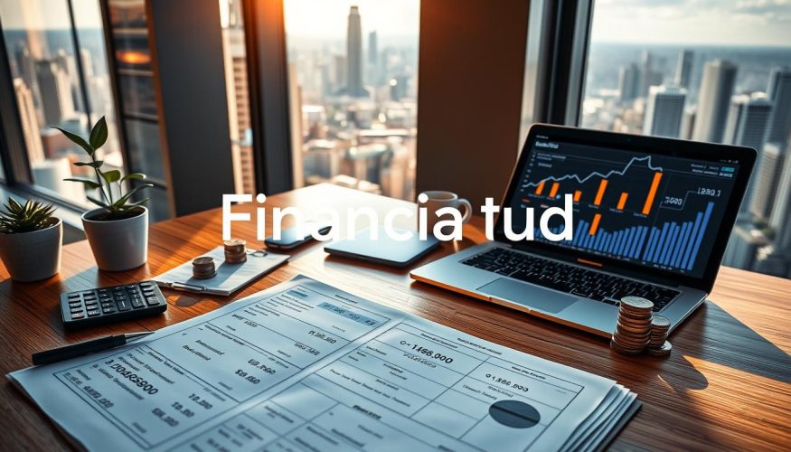 A professional business workspace with a polished wooden desk in the foreground, featuring an open ledger with financial calculations related to capital. A sleek calculator, a stacked set of coins, and a potted plant create a vibrant touch. In the middle ground, a sharp, modern laptop displays graphs and charts showcasing the growth of investments over time. The background features a panoramic view of a bustling cityscape through large windows, with warm sunlight streaming in, casting gentle shadows. The mood is one of prosperity and growth, inspiring confidence and focus. Include the brand name "Financia Tudo" subtly integrated into the scene, blended naturally with the workspace elements. The lighting should be soft but bright, capturing a professional atmosphere.