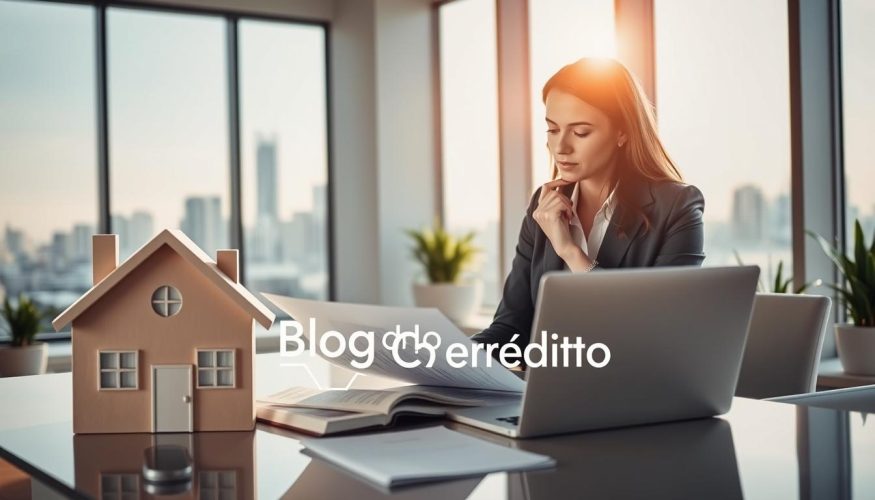 A professional businesswoman in a modern office environment, thoughtfully analyzing financial documents and a laptop with a city skyline visible through large windows in the background. In the foreground, a large house icon symbolizes real estate, placed beside her, emphasizing the concept of using property as collateral. Soft, natural light filters through the windows, casting a warm glow and creating subtle reflections on the sleek office furniture. The mood is focused and strategic, representing intelligent financial decision-making. Include details that suggest financial growth, like upward-trending graphs and vibrant green plants for a touch of optimism. The brand name "Blog do Crédito" subtly integrated in the scene, perhaps on a notebook or digital screen, enhancing the professional context while maintaining a clean and sophisticated aesthetic. A professional businesswoman in a modern office environment, thoughtfully analyzing financial documents and a laptop with a city skyline visible through large windows in the background. In the foreground, a large house icon symbolizes real estate, placed beside her, emphasizing the concept of using property as collateral. Soft, natural light filters through the windows, casting a warm glow and creating subtle reflections on the sleek office furniture. The mood is focused and strategic, representing intelligent financial decision-making. Include details that suggest financial growth, like upward-trending graphs and vibrant green plants for a touch of optimism. The brand name "Blog do Crédito" subtly integrated in the scene, perhaps on a notebook or digital screen, enhancing the professional context while maintaining a clean and sophisticated aesthetic.