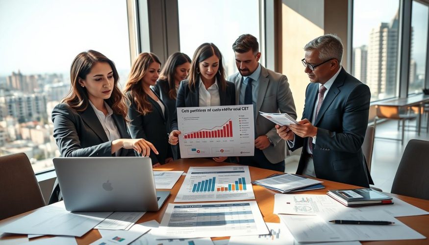 A professional finance setting featuring a diverse group of individuals engaged in a discussion around a table covered with financial documents and graphs representing "custo efetivo total" (CET). The foreground shows a confident businesswoman in professional attire, pointing at a financial chart on a laptop, while a thoughtful businessman takes notes. In the middle, a printed infographic illustrating CET calculations and its impact on real credit costs is visible. The background includes large windows with natural light streaming in, casting soft shadows, and a cityscape view to symbolize economic context. The overall mood is focused and collaborative, emphasizing the importance of understanding financial implications. The branding "Blog do Crédito" is subtly integrated into the scene, appearing as part of the documents. A professional finance setting featuring a diverse group of individuals engaged in a discussion around a table covered with financial documents and graphs representing "custo efetivo total" (CET). The foreground shows a confident businesswoman in professional attire, pointing at a financial chart on a laptop, while a thoughtful businessman takes notes. In the middle, a printed infographic illustrating CET calculations and its impact on real credit costs is visible. The background includes large windows with natural light streaming in, casting soft shadows, and a cityscape view to symbolize economic context. The overall mood is focused and collaborative, emphasizing the importance of understanding financial implications. The branding "Blog do Crédito" is subtly integrated into the scene, appearing as part of the documents.