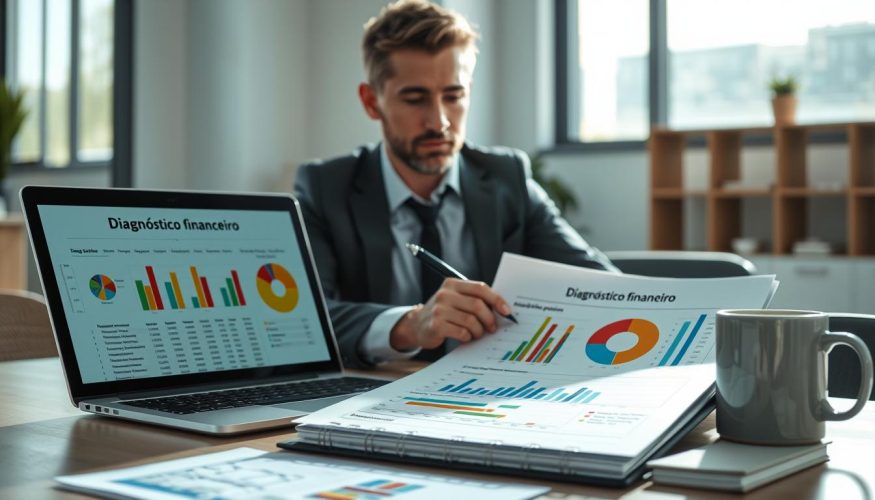 A professional financial advisor analyzing a detailed financial diagnostic report surrounded by charts and graphs that depict various expenses. In the foreground, a laptop displays a spreadsheet labeled "Diagnóstico financeiro" with colorful pie charts. In the middle, a confident advisor in business attire deeply engrossed in the report, with a pen in hand jotting down notes. The background features a modern office with a large window letting in bright natural light, creating an inspiring atmosphere. Soft shadows add depth to the scene. The mood is focused and analytical, representing clarity and understanding of financial flow. The brand name "Financia Tudo" should subtly be integrated into the scene, perhaps on a coffee mug or a notebook present on the desk.