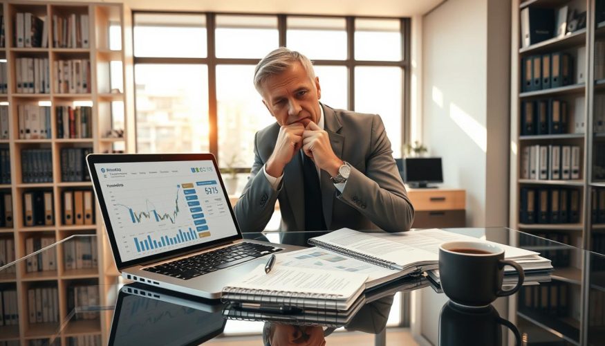 A professional financial advisor in a modern office setting, analyzing financial reports and charts on a sleek glass desk. The foreground features a laptop displaying financial data and graphs, alongside a notepad with handwritten notes. In the middle ground, a large window with natural sunlight streaming in, creating a bright, inviting atmosphere. The background showcases a bookshelf filled with financial books and folders labeled “Financia Tudo”, indicating organization and expertise. The advisor, a middle-aged individual in professional attire, contemplates thoughtfully while surrounded by various financial tools like a calculator and a cup of coffee. The lighting is warm, conveying a sense of focus and determination, while the overall mood is one of clarity and decision-making.