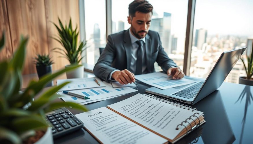 A professional financial planner sitting at a sleek, modern desk covered with charts and financial documents, analyzing data on a laptop. In the foreground, a calculator and a notepad filled with handwritten notes about long-term financial planning. The background features a large window with a city skyline view, allowing natural light to flood the space, creating a bright and optimistic atmosphere. The planner is dressed in smart business attire, exuding confidence and professionalism. The setting conveys a sense of focus and determination, with plants adding a touch of nature to the scene. The branding "Financia Tudo" subtly integrated into the desk design. Shot with a 50mm lens for a clear focus, soft bokeh effect in the background to emphasize the planner.