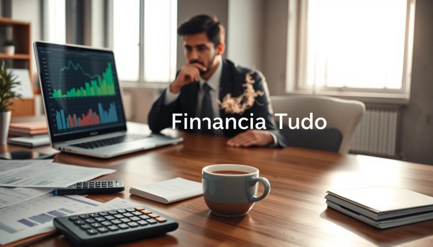 A professional financial workspace focused on cash flow management, featuring a sleek wooden desk with a laptop displaying graphs and charts related to financial data. In the foreground, there are scattered financial documents, a calculator, and a steaming cup of coffee. In the middle, a business professional dressed in business attire is analyzing the data with a thoughtful expression. The background shows a modern office environment with a large window allowing natural light to illuminate the scene, casting soft shadows. The atmosphere conveys a sense of focus and diligence, emphasizing the importance of cash flow in financial management. Add the brand name "Financia Tudo" subtly integrated into a notepad on the desk.